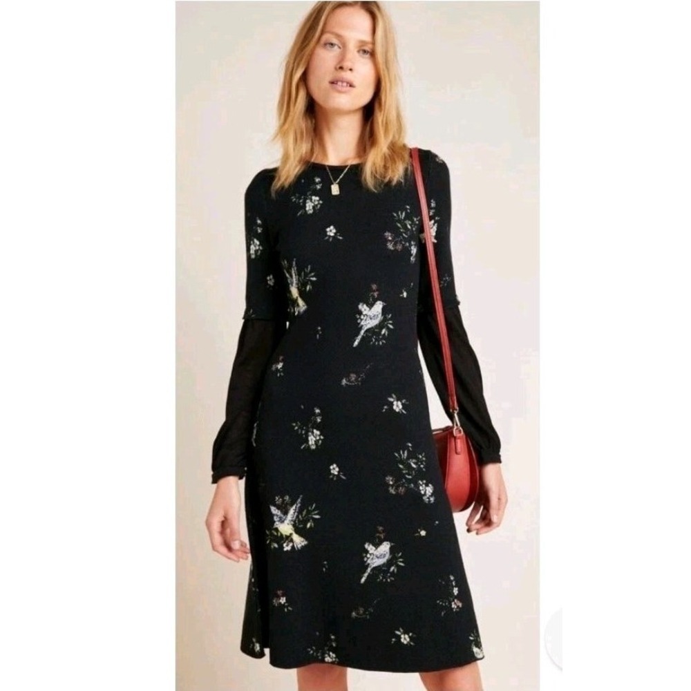Anthropologie Aldo Martins Cherie Bird Dress 1X Floral Print Wool Blend